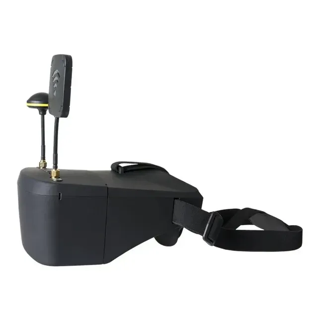 Black analogue FPV headset with dual antennas and adjustable head strap, shown on a plain white background.